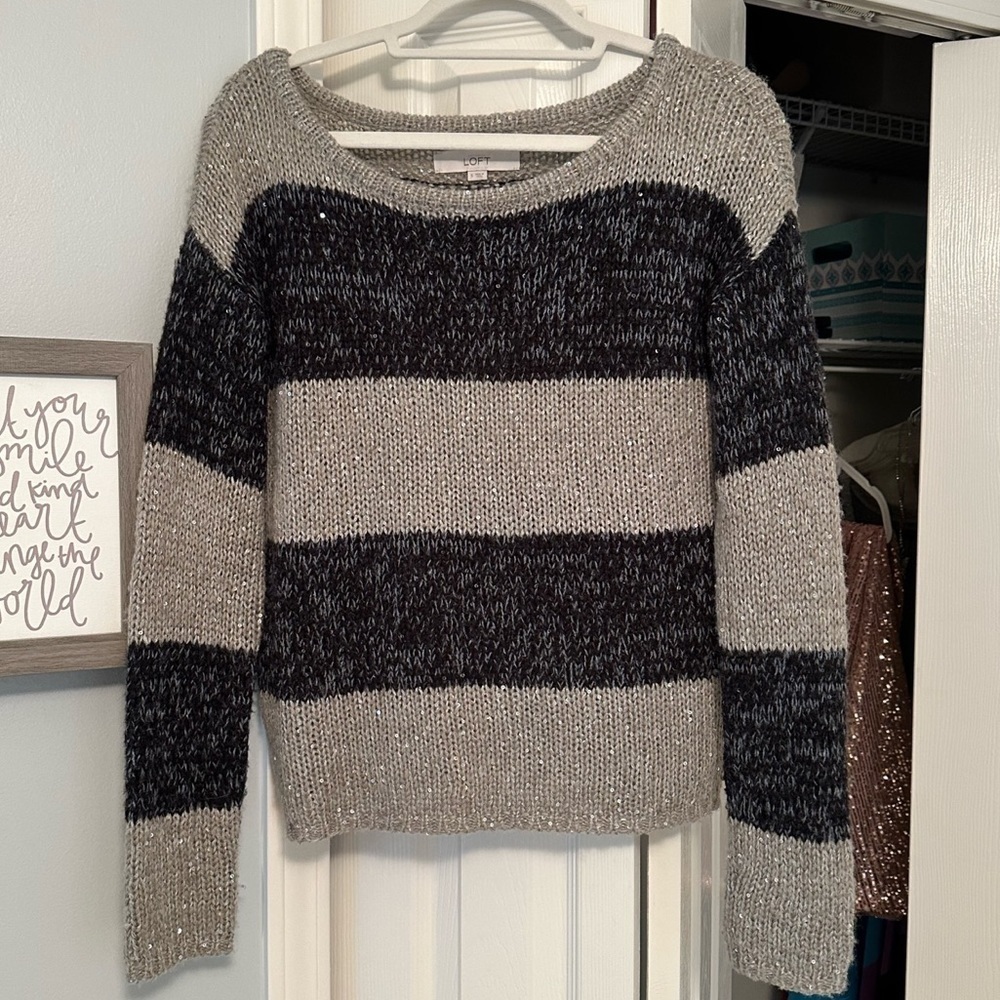 LOFT S Striped Sequin Sweater